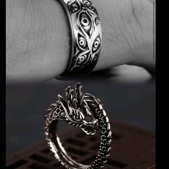925 Silver Gothic Monster Eye Punk Biker Band Ring + free dragon adjustable - Picture 1 of 5